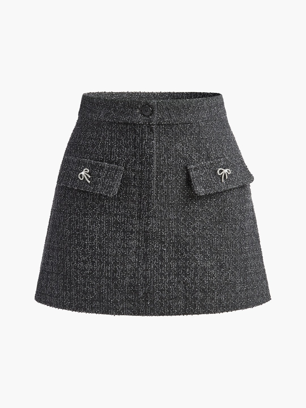 Commense Charcoal Tweed Mini Skirt with Bow-Pocket Detail